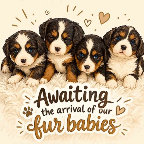 Four adorable puppies with brown, black, and white fur sit together on a cozy blanket as playful heart doodles float above them. Below, the text reads: "Upcoming Litter – Awaiting the arrival of our newest fur babies.