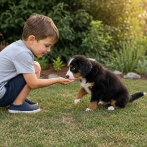 A young boy kneels on grass, holding out his hand to a small, black and brown new puppy sitting in front of him. The kids are outdoors, with green plants and sunlight in the background.