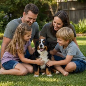 A smiling family of four sits on grass in a backyard, gathered around their happy new puppy. The parents and two kids pet the dog, all wearing casual clothes and smiling.
