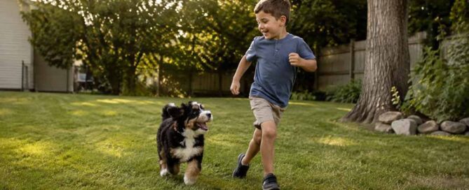 A young boy in a blue shirt and tan shorts runs through a grassy backyard, smiling at his new puppy—a fluffy black-and-white bundle of energy—running beside him. Kids’ laughter fills the air as trees and a wooden fence frame the cheerful scene in the background.