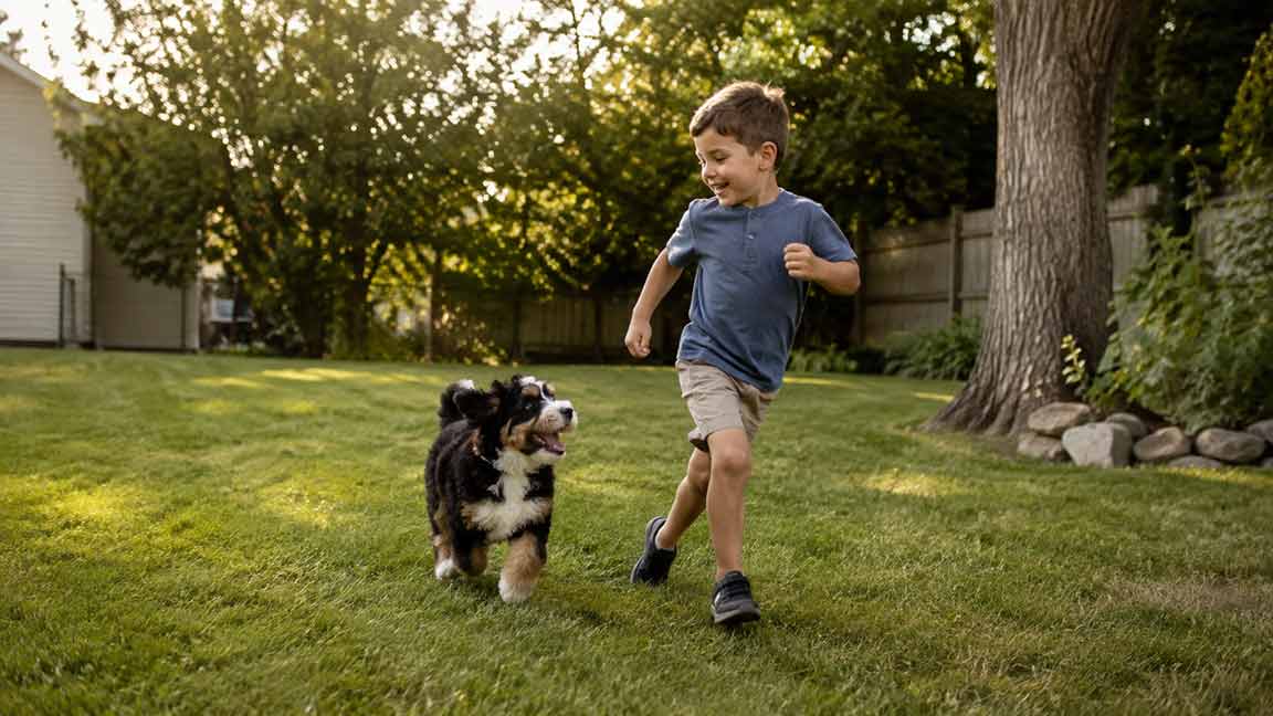 A young boy in a blue shirt and tan shorts runs through a grassy backyard, smiling at his new puppy—a fluffy black-and-white bundle of energy—running beside him. Kids’ laughter fills the air as trees and a wooden fence frame the cheerful scene in the background.