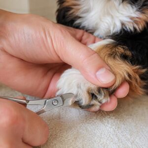 A person carefully trims a small dog’s nails with nail clippers, demonstrating attentive dog nail care while holding the dog’s paw gently over a soft, light-colored surface.