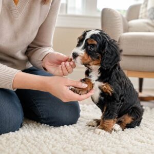 A person kneels on a carpet, holding a puppy’s paw as if preparing for dog nail care, and offers it a treat. The puppy has black, brown, and white fur and looks up attentively. Furniture is visible in the background.
