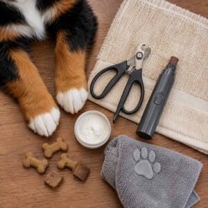 A dog’s front paws next to nail clippers, a nail grinder, treats, a jar of powder, and a gray towel with a paw print alongside a folded beige towel on a wooden floor—everything you need for easy dog nail care at home.