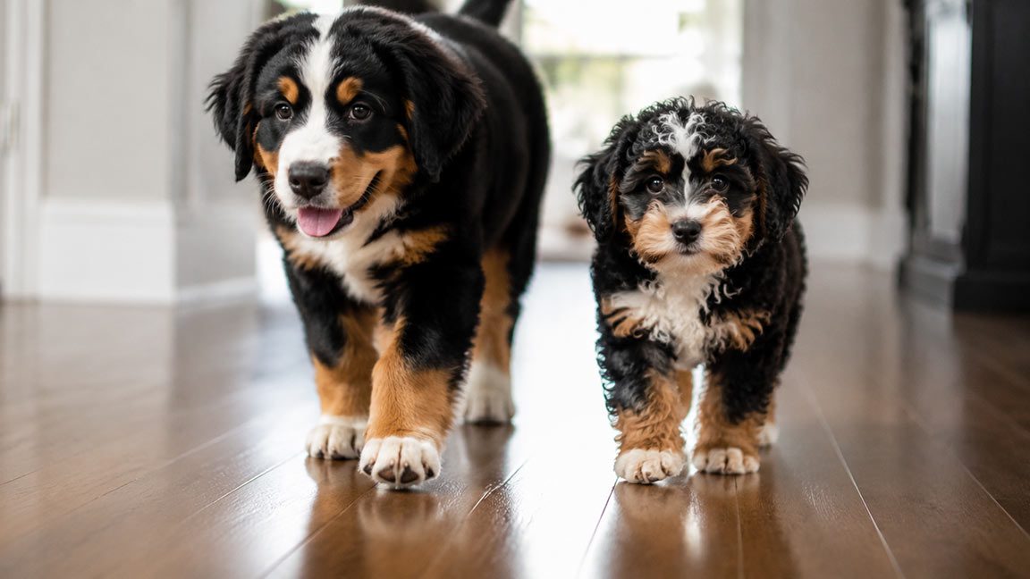Two fluffy Bernese Mountain Dog puppies with black, brown, and white fur stand side by side on a shiny wooden floor, looking toward the camera—their neatly trimmed paws showing the benefits of regular dog nail care.