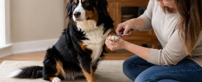 A woman sits on the floor trimming the nails of a large black, brown, and white dog. Practicing careful dog nail care, she gently holds out the dog’s paw as he looks away with a concerned expression.
