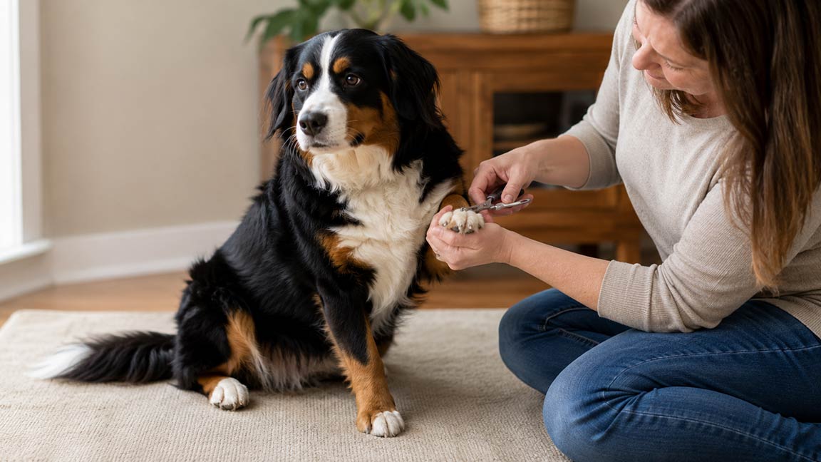 A woman sits on the floor trimming the nails of a large black, brown, and white dog. Practicing careful dog nail care, she gently holds out the dog’s paw as he looks away with a concerned expression.