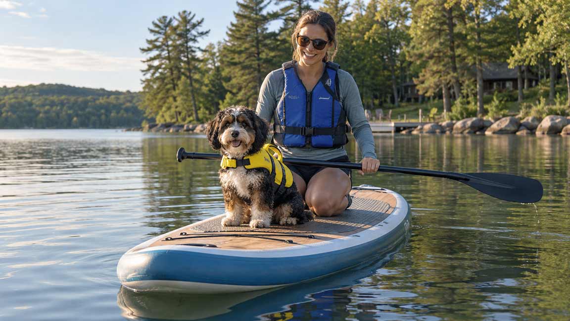 A woman wearing sunglasses and a life jacket paddles on a lake while sitting on a paddleboard with a small dog in a yellow life jacket, highlighting the importance of dog swimming safety. Trees and a cabin are visible in the background.