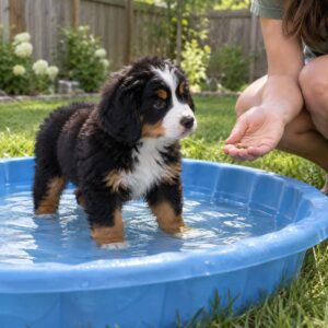 A fluffy Bernese Mountain Dog puppy stands in a blue kiddie pool, looking at a person kneeling beside the pool, who is holding out a treat and carefully watching for dog swimming safety.