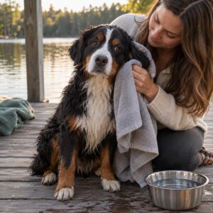 A woman practices dog swimming safety as she dries a wet Bernese Mountain Dog with a towel on a wooden dock by a lake, with a metal bowl of water nearby and trees in the background.