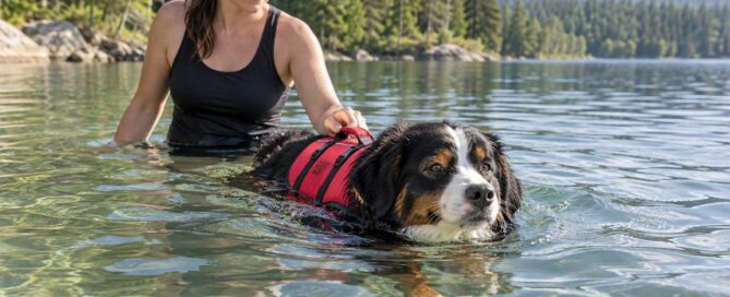 A woman in a black tank top helps a Bernese Mountain Dog, wearing a red life jacket for dog swimming safety, swim in a clear lake surrounded by trees and hills.