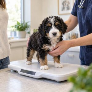 A fluffy black, white, and brown puppy stands on a veterinary scale. A person in scrubs gently holds the puppy, while another person stands nearby. The setting appears to be a veterinary clinic, where they’re likely checking the puppy’s weight and health to ensure those early dog years get off to a great start.