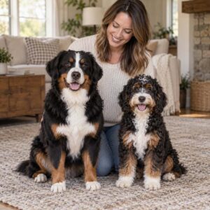 A woman kneels on a rug indoors, smiling at the camera with a large dog and a fluffy puppy sitting happily by her side—cherishing every moment together, no matter how quickly dog years may pass.