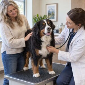 A veterinarian examines a large, fluffy black and brown dog on an exam table, while a woman stands nearby petting the dog and chatting with the vet about how her pet is doing in dog years. The setting appears to be a veterinary clinic.
