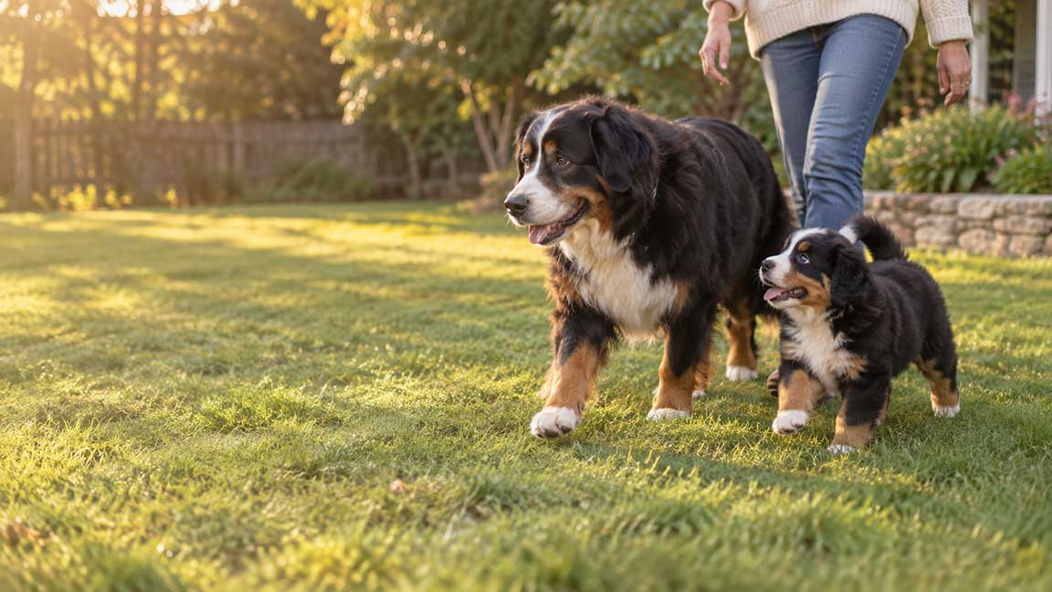 An adult Bernese Mountain Dog and a puppy, each at different stages in dog years, walk on green grass with a person nearby. The sun is shining, and the background features trees and a stone wall.