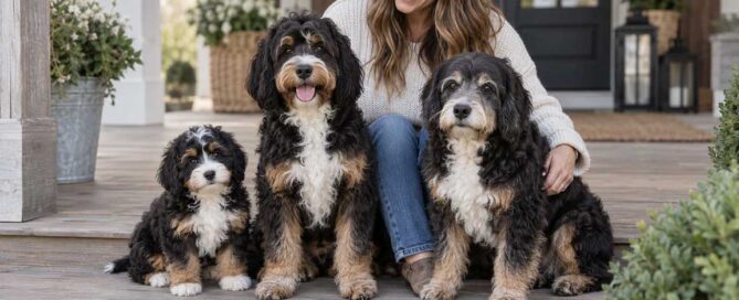 A smiling woman sits on a porch with three fluffy, black and brown dogs of varying sizes, all looking at the camera—each one full of energy and charm no matter their dog years.