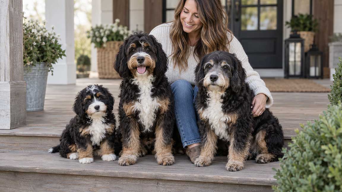 A smiling woman sits on a porch with three fluffy, black and brown dogs of varying sizes, all looking at the camera—each one full of energy and charm no matter their dog years.