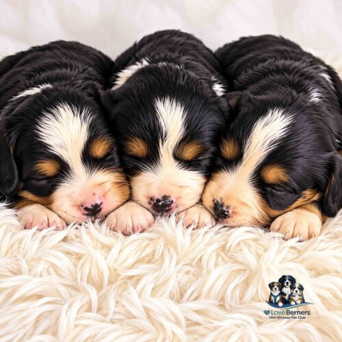 Three Bernese Mountain Dog puppies from Lacey’s August 2026 Litter sleeping side-by-side on a fluffy white blanket.
