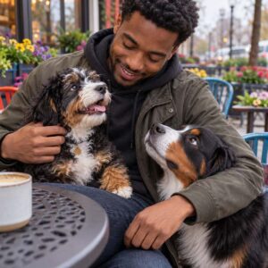 A man smiles while sitting at an outdoor table with a Bernedoodle puppy and a jealous Bernese Mountain Dog.