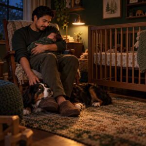 A man sits in a rocking chair holding a sleeping newborn, while a jealous dog rests at his feet in a nursery.