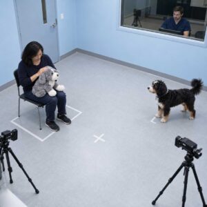 A woman in a clinical room pets a stuffed dog while a real dog watches from across the room, seemingly jealous as it is observed by a man behind a glass partition and recorded by two cameras.