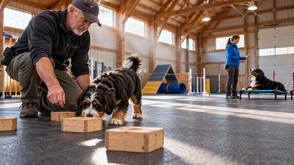 A man trains a tricolor puppy with wooden scent boxes in an indoor facility, while a jealous dog watches another pair practice in the background.