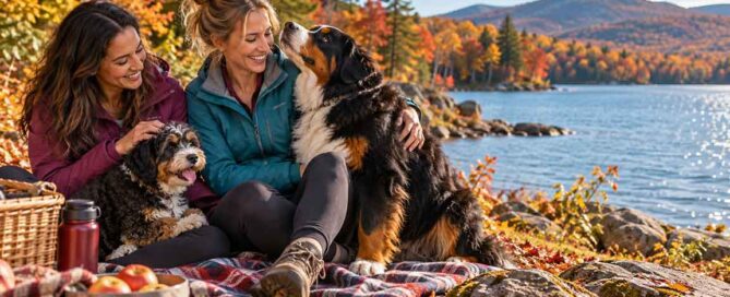 Two women sit on a blanket by an autumn lake, petting a Bernese Mountain Dog and a smaller doodle.