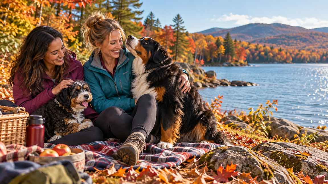 Two women sit on a blanket by an autumn lake, petting a Bernese Mountain Dog and a smaller doodle.